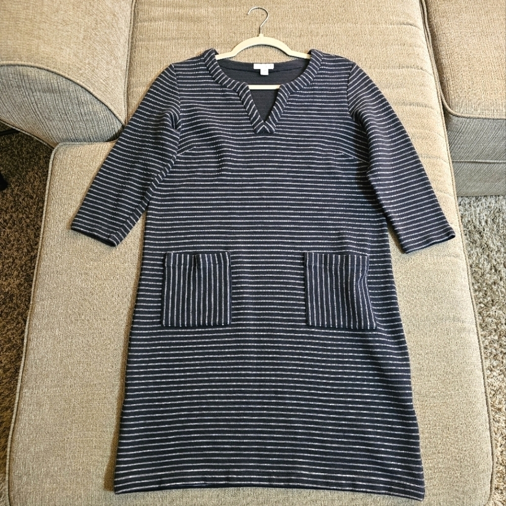 J. Jill Dark Blue Striped Casual Cozy Dual Pocket Midi Sheath Dress Small Petite